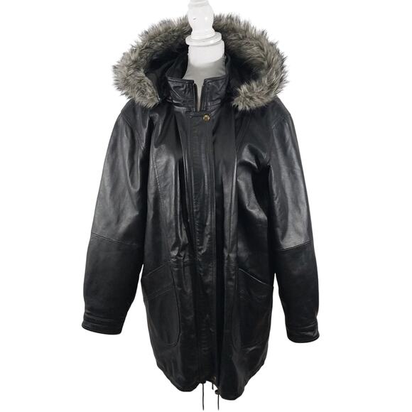 ACCENTS! RICH BLACK GENUINE LEATHER FAUX FUR TRIMMED HOOD PARKA COAT! SZ 1X - Picture 3 of 13